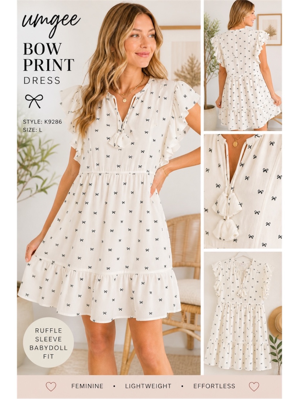 Umgee White Bow Print Ruffle-Sleeve Babydoll Dress, size L, NWT